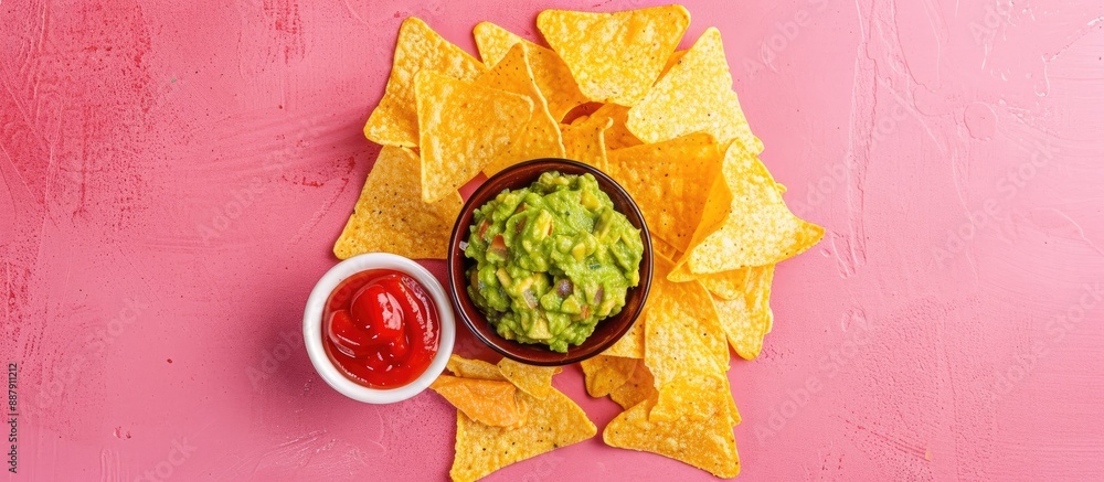 Poster top down view of a pile of corn tortilla chips with guacamole french mustard and ketchup on a pink s