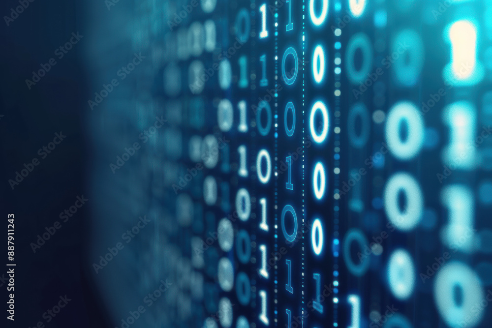 Poster a close-up view of binary code displayed on a blue digital screen. represents data, technology, and 