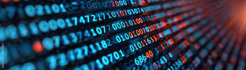 Poster abstract digital data binary code background, showcasing futuristic technology and information proce