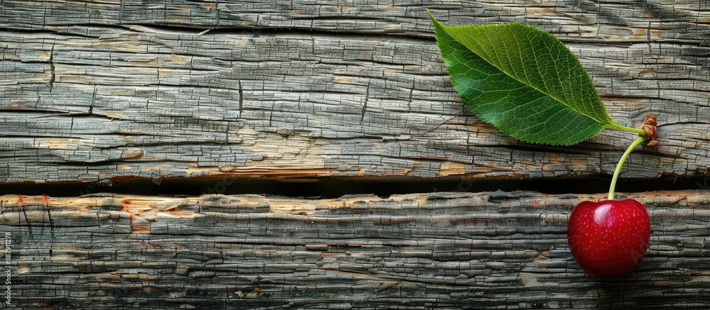 Aufkleber Old wooden table with a sour cherry and leaf providing an attractive backdrop for copy space image