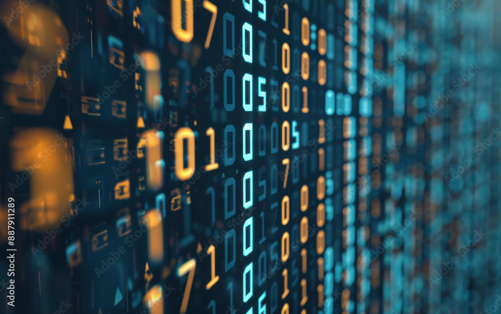 Poster close-up of digital numbers and data on a screen, representing technology, programming, and cybersec
