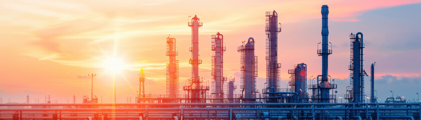 Fototapeta premium Industrial refinery plant at sunset, showcasing tall chimneys, industrial structures, and a vibrant sky in the background.