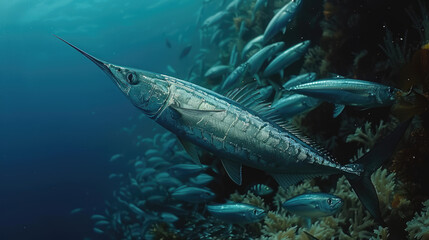 Underwater view of a swordfish hunting in a school of sardines