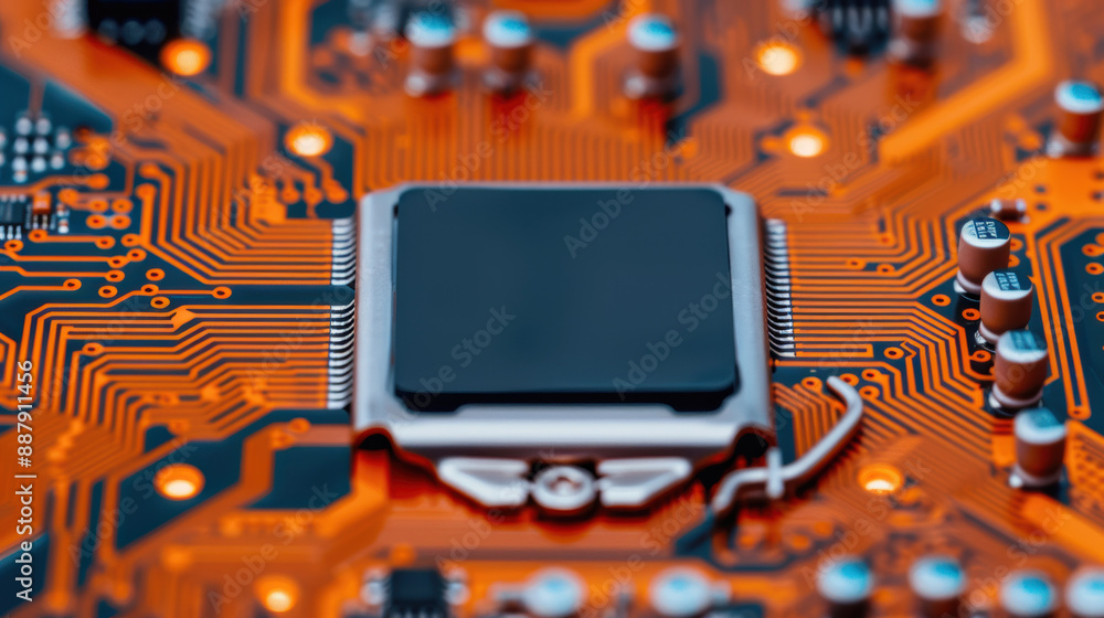 Poster close-up of a computer motherboard showing intricate circuits and a central processing unit (cpu) in
