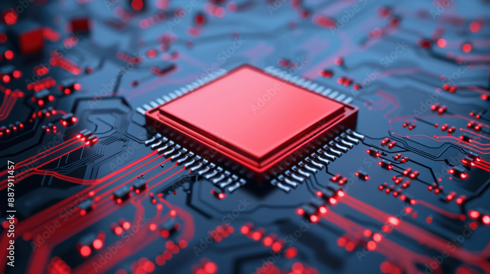 Poster close-up of a red computer microchip on a blue circuit board, highlighting technology and electronic
