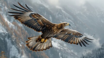 Obraz premium Majestic Eagle Soaring Over Snow-Capped Mountains in Winter Landscape