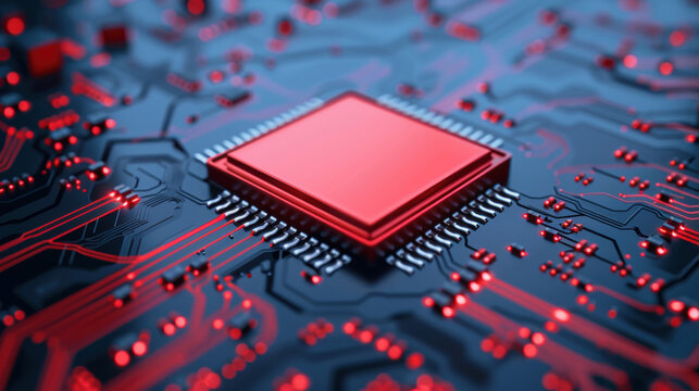 Close-up of a red computer microchip on a blue circuit board, highlighting technology and electronic innovation in computing hardware.