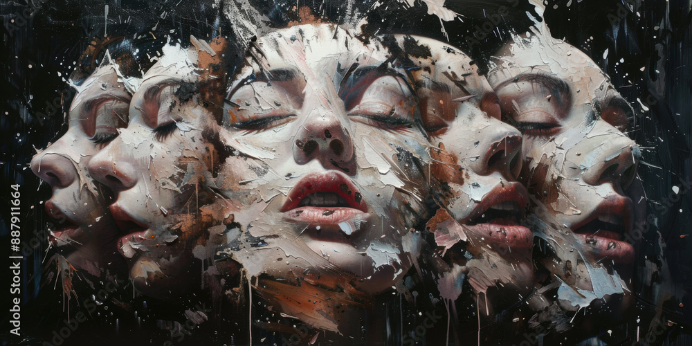 Poster an abstract painting with multiple overlapping faces of a woman with closed eyes, blending together 