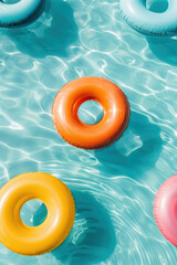 Naklejka premium Bright and colorful inflatable pool floats in a swimming pool with clear blue water, creating a fun and refreshing summer vibe.