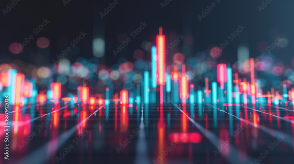 Poster dynamic digital chart with colorful glowing bars in a futuristic abstract background, perfect for fi