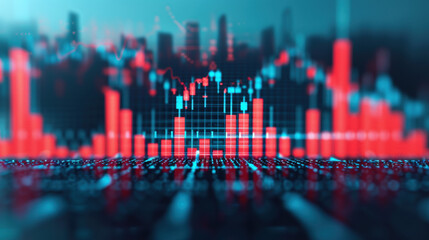 Fototapeta premium Abstract financial graph with red and blue bars, representing data analysis, stock market trends, and economic fluctuations in a digital format.