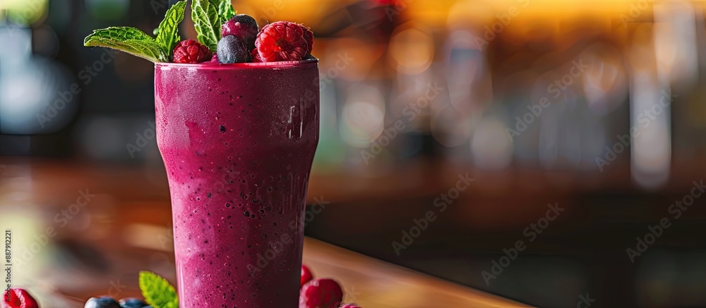 Poster a glass of tasty acai smoothie displayed on a table with ample copy space image