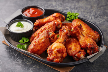 Fototapeta premium Delicious buffalo chicken wings served with ranch and hot sauce. Perfect for appetizers, snack time, or game day treats. Savory and mouth-watering!