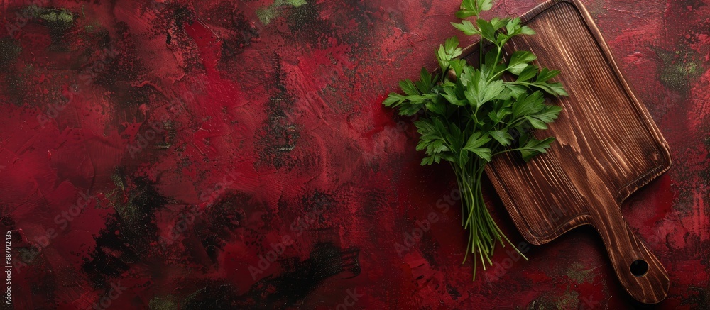 Poster dark red background holding a chopping board with parsley perfect for cooking designs due to the ava