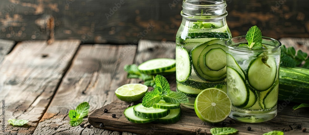 Fototapete a refreshing detox water with cucumber lime and mint displayed on a wooden backdrop ideal for promot