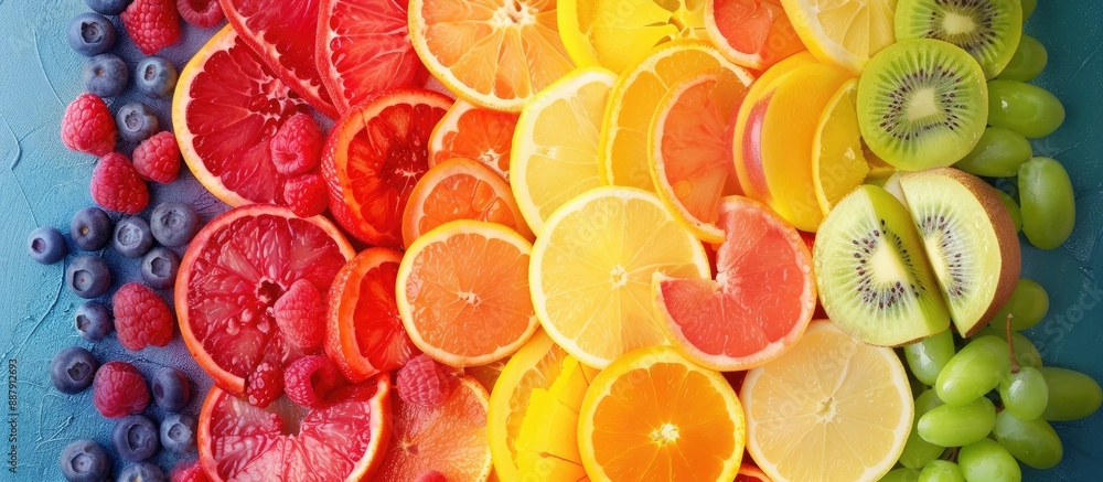 Poster colorful rainbow stripes made with mixed fruits and slices symbolizing healthy eating room for text 