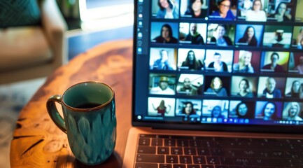 Un écran montrant plusieurs personnes lors d'une visioconférence, avec une tasse à café à côté de l'ordinateur. Concept de télétravail.