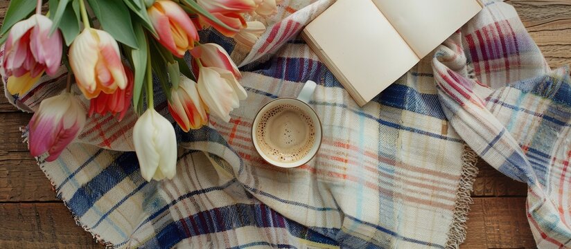 Top view with a cozy home setting featuring a cup of hot coffee spring flowers an open book and a warm plaid conveying a springtime vibe with a complimentary copy space image