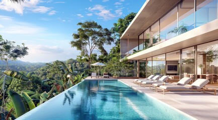 Fototapeta premium Plan large d'une maison moderne avec piscine à débordement avec vue magnifique surplombant la jungle.