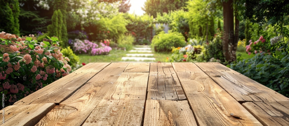 Poster a wooden table set against a garden backdrop perfect for decoration with ample copy space image