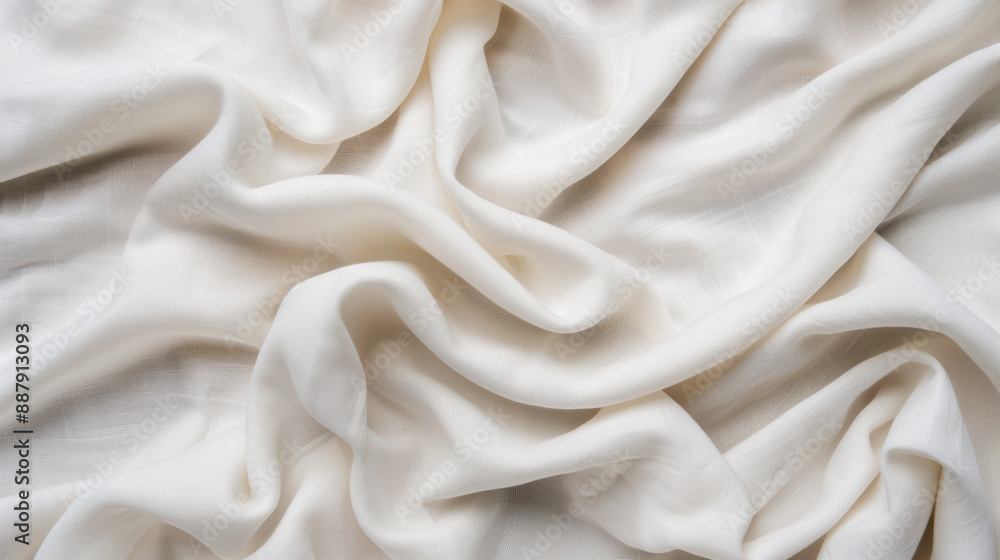 Poster close-up image of soft, white fabric with intricate folds and gentle creases, showcasing its smooth 
