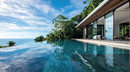 Fototapeta premium Maison de luxe haut de gamme avec piscine à débordement surplombant la jungle, ciel bleu et mer à l'horizon.