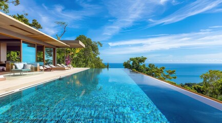 Fototapeta premium Maison de luxe haut de gamme avec piscine à débordement surplombant la jungle, ciel bleu et mer à l'horizon.