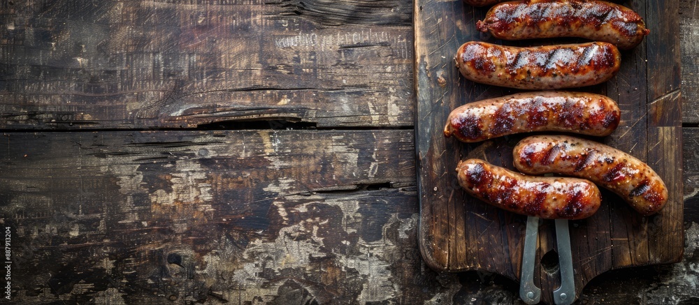 Poster wooden board with sausage arranged on top providing a rustic background with a perfect copy space im