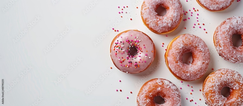 Poster flat lay image of delectable glazed donuts on a white background with room for text. with copy space