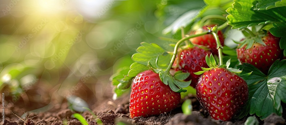 Poster ripe strawberries in the vegetable garden suitable for consumption pictured with copy space image