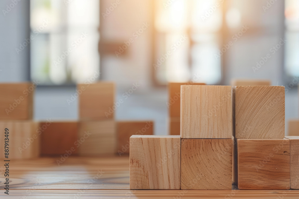 Poster wooden blocks stacked on a table in a brightly lit room with sunlight streaming through the windows,