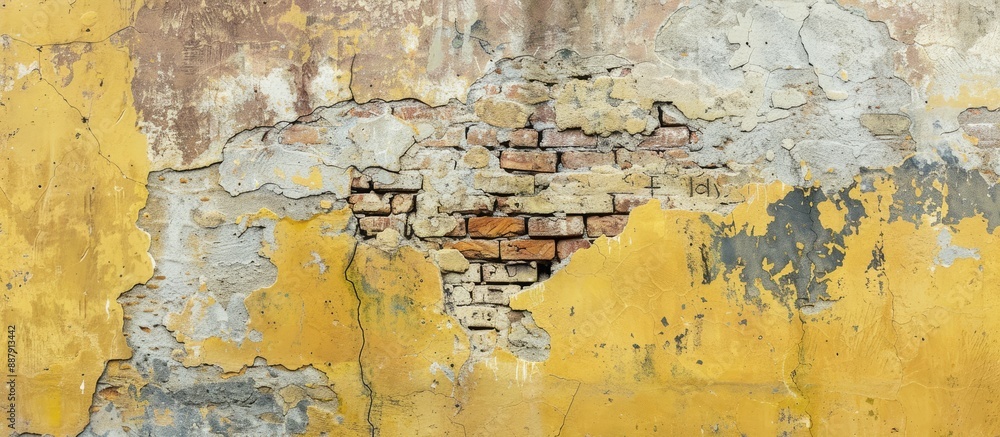 Aufkleber Fragment of an aged brick wall from a yellow ruined building shown in a copy space image for design use