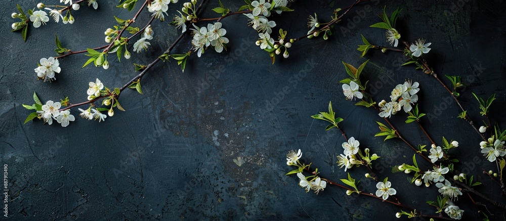 Poster A top down view of blossoming spring branches against a dark backdrop providing a clear copy space image