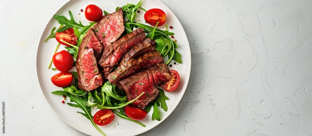 Aufkleber Grilled beef slices with cherry tomatoes and arugula on a plate displaying beautifully against a plain background in a copy space image