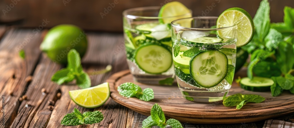 Fototapete a refreshing detox water with cucumber lime and mint displayed on a wooden backdrop ideal for promot