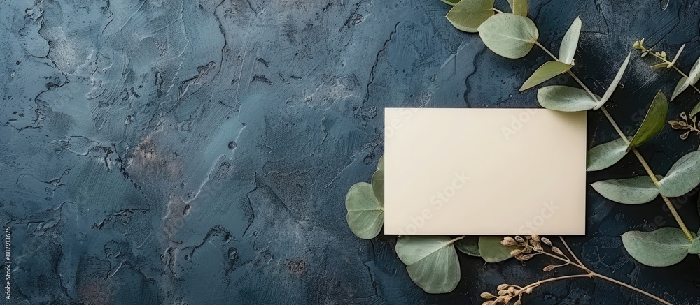 Aufkleber Elegant table arrangement with eucalyptus branch and blank card on a dark backdrop ideal for a copy space image