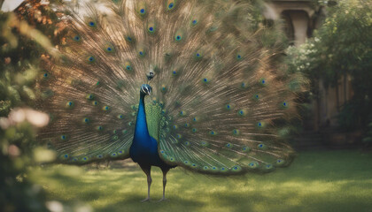 Obraz premium A peacock displaying its feathers in a garden, sunny day.