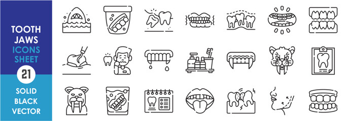 A set of line icons related to jaws and Tooth. Teeth, animals, vampire, jawline, dental, care, shark, braces, tongue, and so on. Vector outline icons set.