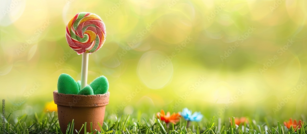 Fototapete spring concept depicted with a candy lollipop flower placed in a flowerpot surrounded by grass creat
