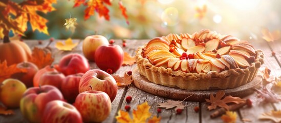 Naklejka premium Autumn themed apple pie or tart displayed with a fall background conveying the essence of the season Copy space image included