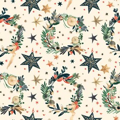 A seamless pattern of Christmas ornaments and wrapping paper featuring elegant wreaths, stars, and festive greenery, harmoniously blended