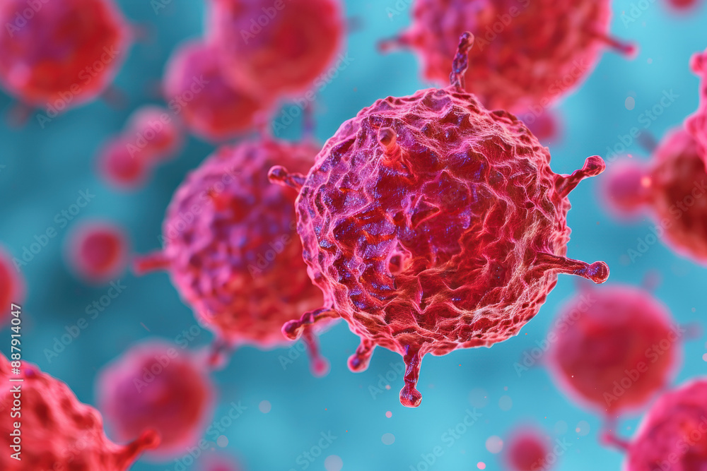 Poster close-up of a virus rendering showing detailed red cells with spikes, floating in a blue background,
