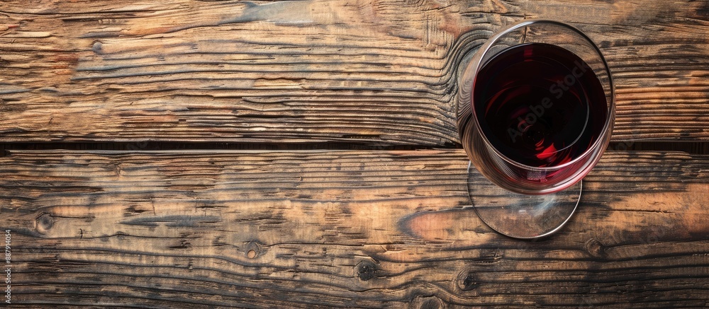 Poster an aerial picture of a red wine glass on a blurry wooden board backdrop texture with a focusing on t