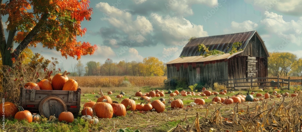 Poster fall farm scene featuring pumpkins and gourds perfect for a copy space image