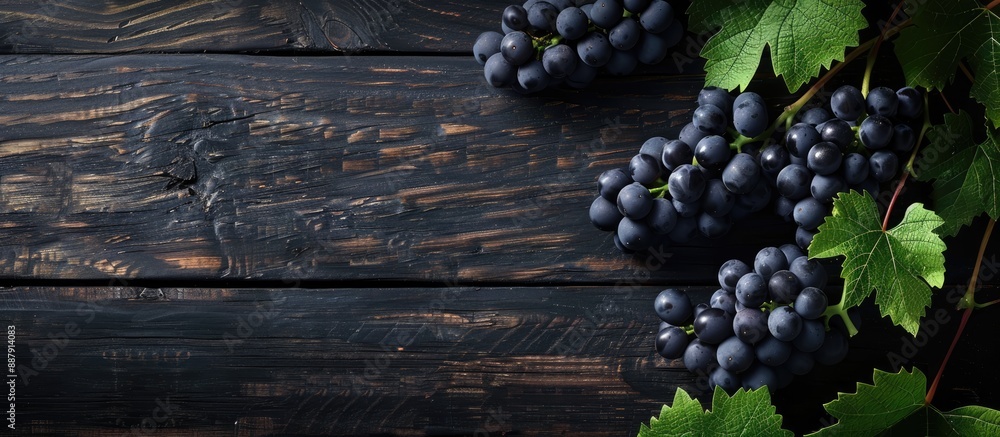 Aufkleber Top view of a black grape branch against a dark wooden backdrop showcasing a botanical berry plant ideal for promoting healthy eating with ample copy space for text