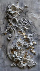 Volumetric stucco molding on a concrete wall with silver and gold elements. sea ​​and mountain landscape