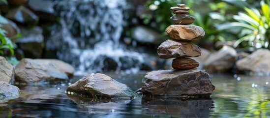 Balancing rocks in a serene setting with an artificial waterfall as a backdrop creating a tranquil scene with copy space image