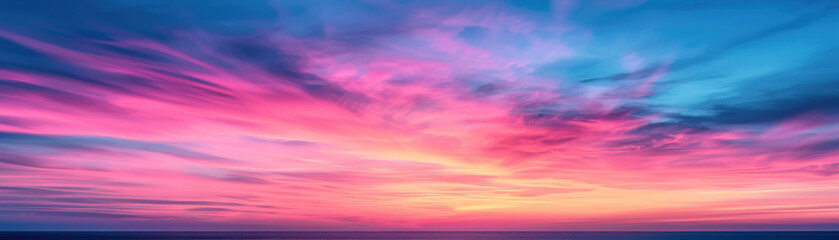 Obraz premium Vibrant sunset over the ocean with dramatic pink, purple, and blue clouds filling the sky, creating a stunning and serene seascape view.