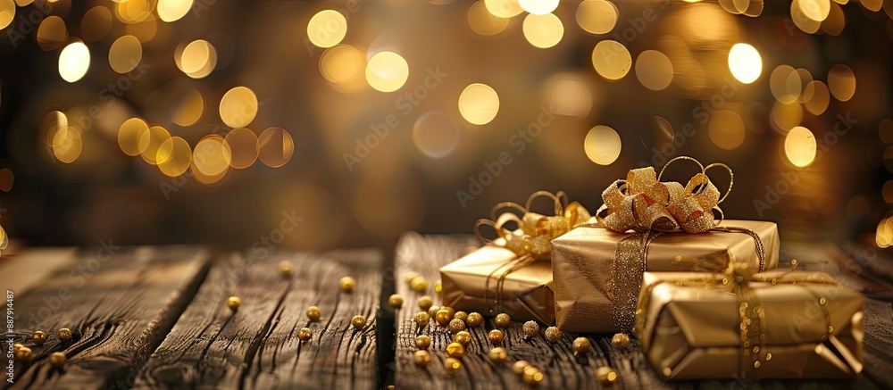 Poster wooden table adorned with golden gifts and twinkling gold bokeh light perfect for showcasing content