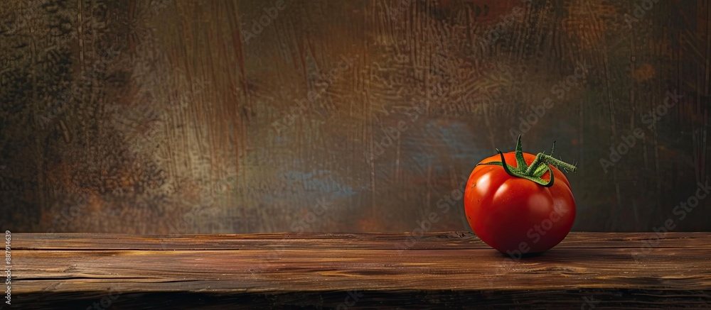 Aufkleber wooden table with a ripe tomato and a tomato background provides ample copy space image